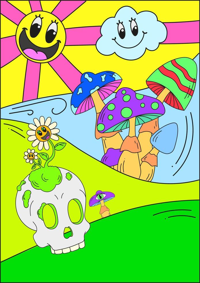 een psychedelische poster met een levende zon en wolk, psychedelische paddenstoelen en een schedel met daarop een levende bloem. gek begrip. surrealisme vector