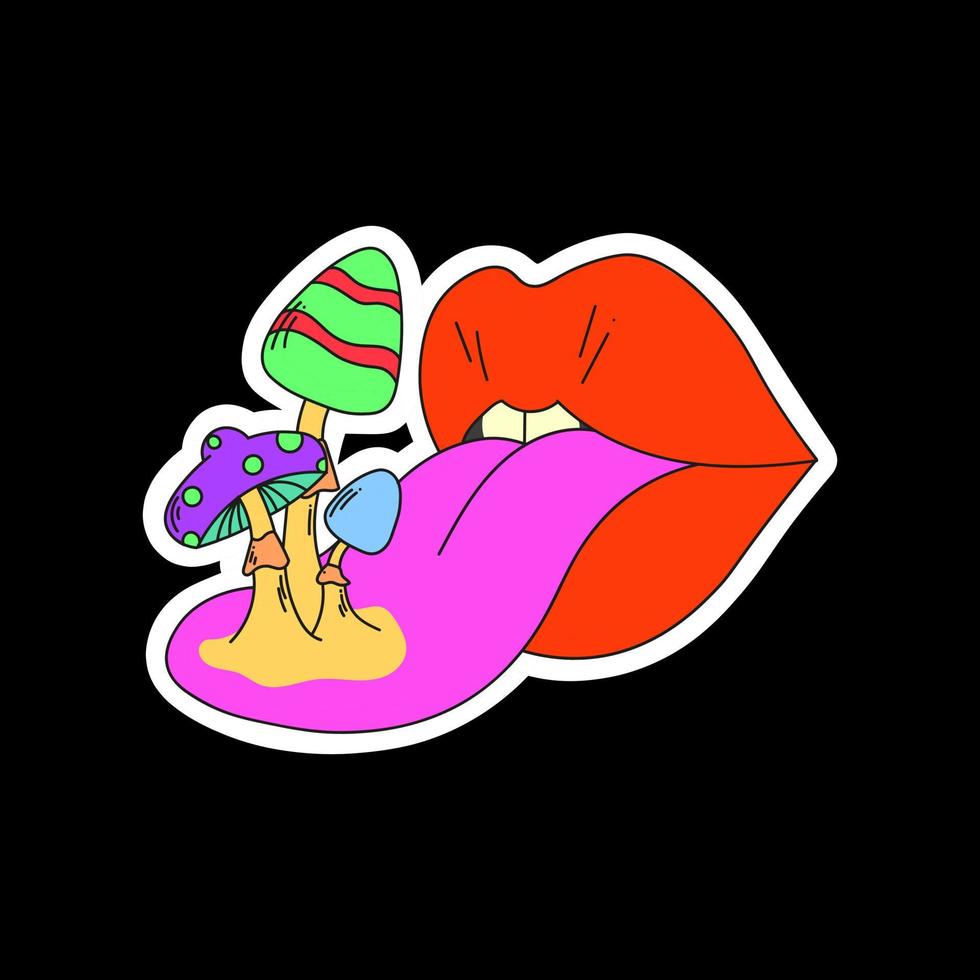 psychedelische rode lippen met een vooruitstekende tong. paddenstoelen die uit de tong groeien. surrealisme vector