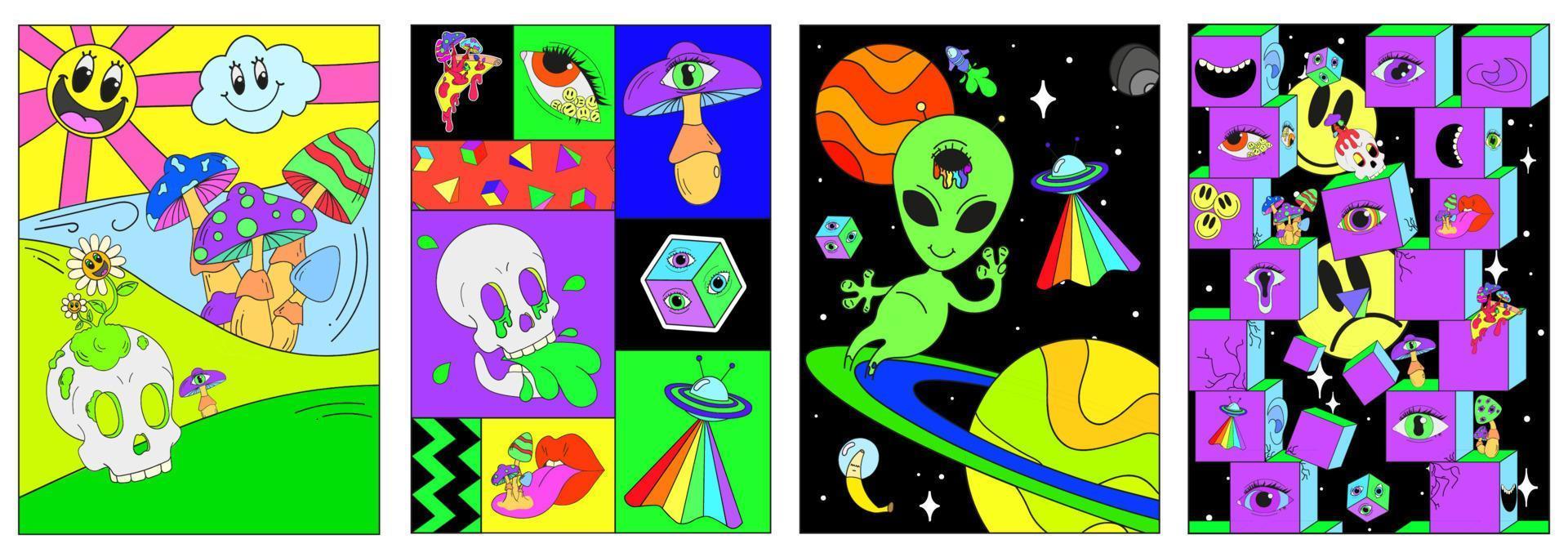 een set psychedelische posters met ruimte, gekke paddenstoelen, geometrie, schedels, ufo's en een alien. surrealisme vector
