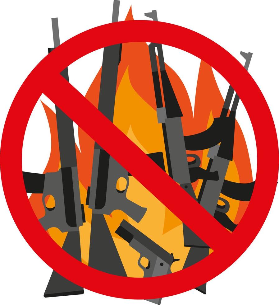 een illustratie die wapens verbiedt. machinepistolen onder een rode cirkel, tegen een achtergrond van vuur. stop de Oorlog vector