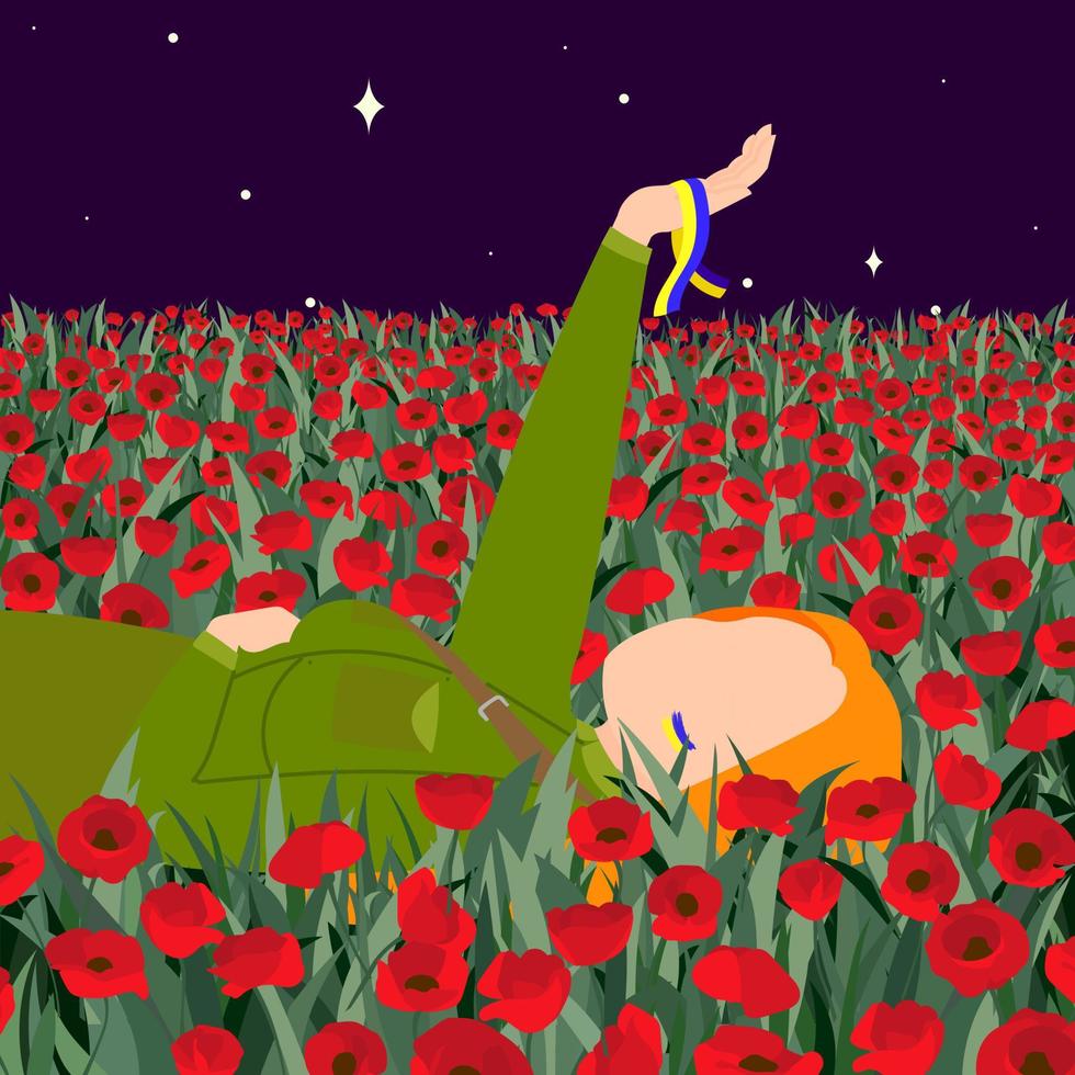 een meisje in een militair uniform, zonder gezicht, ligt 's nachts in een veld met klaprozen, haar hand opstekend, een lint met de vlag van oekraïne op haar arm. steun Oekraïne. platte vectorillustratie. vector