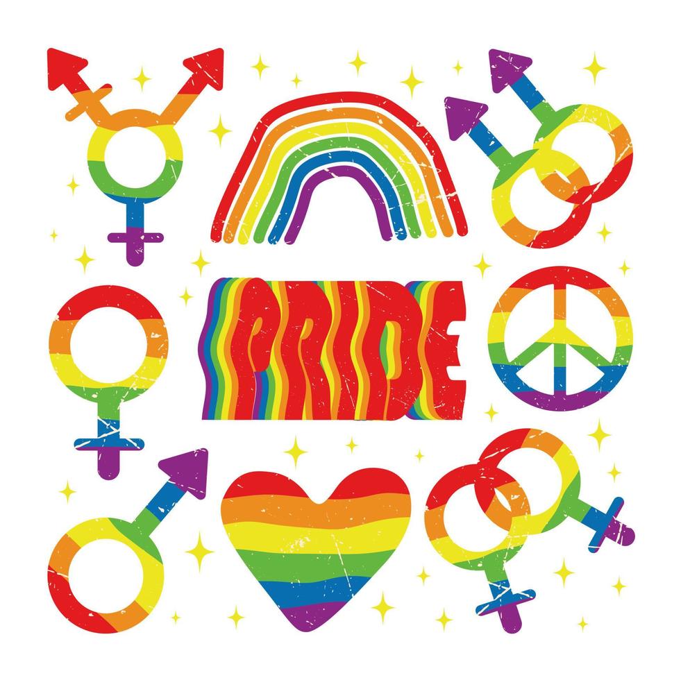 LGBT-geslachtssymbool op de achtergrond van de regenboogkleur. trots maand stickers. homo liefde en relatie. vector