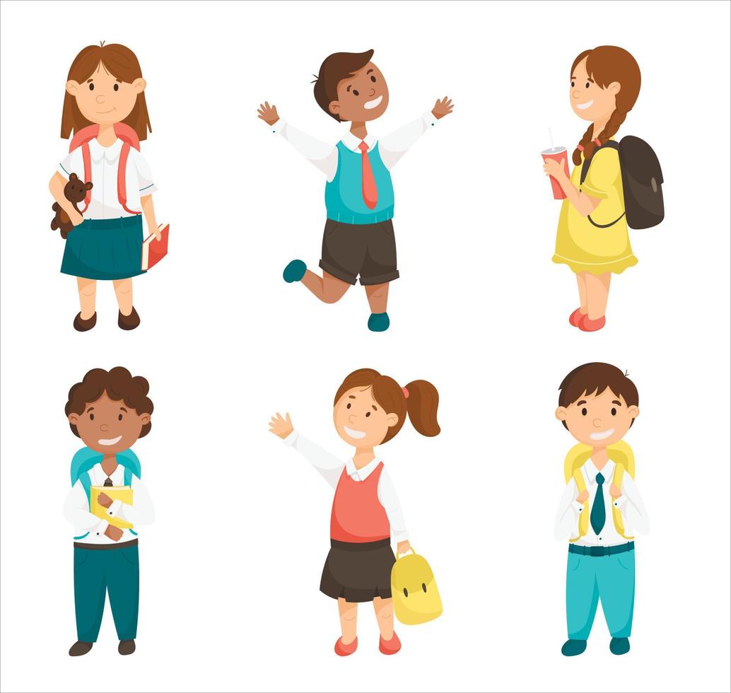 cartoon vector set van schattige kinderen, schoolkinderen die terug naar school gaan. lachende leerlingen met boeken en rugzakken.
