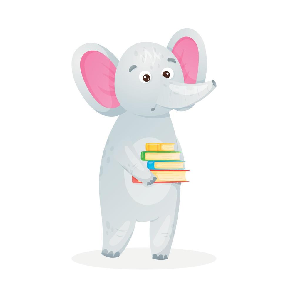 babyolifant die een stapel boeken in zijn poten houdt. terug naar het concept van de schoolillustratie, vector geïsoleerde dierlijk beeldverhaalillustratie.