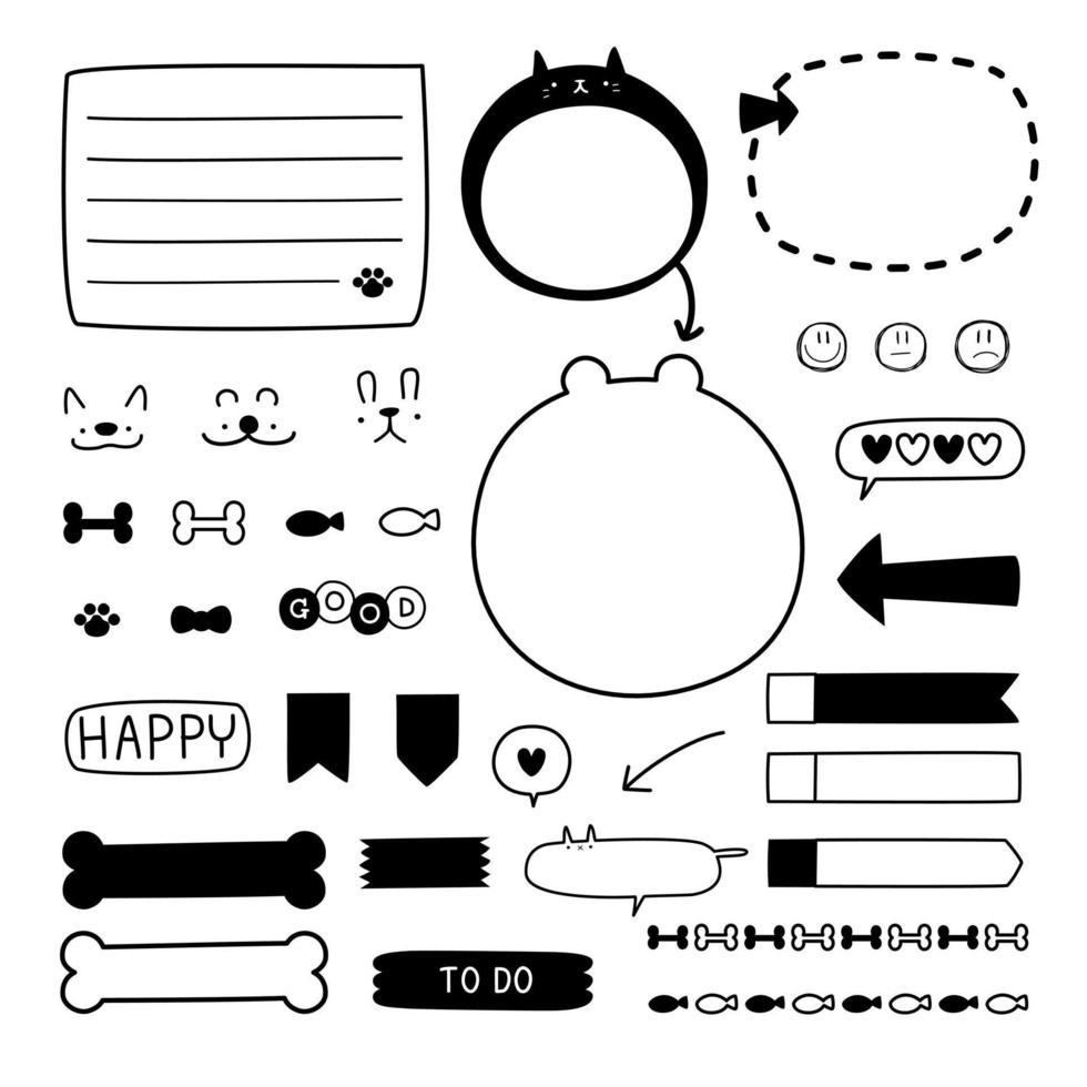 set van schattige hand getrokken, doodle tekstvak met pictogram, tekstballon ballon, plat ontwerp, vector illustratie