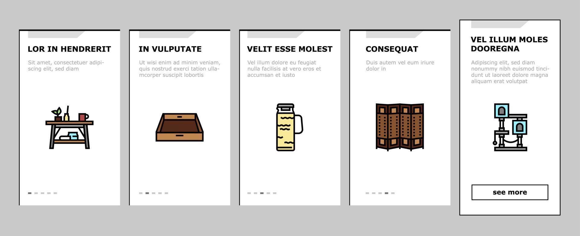 huisdecoratie en meubels onboarding pictogrammen instellen vector