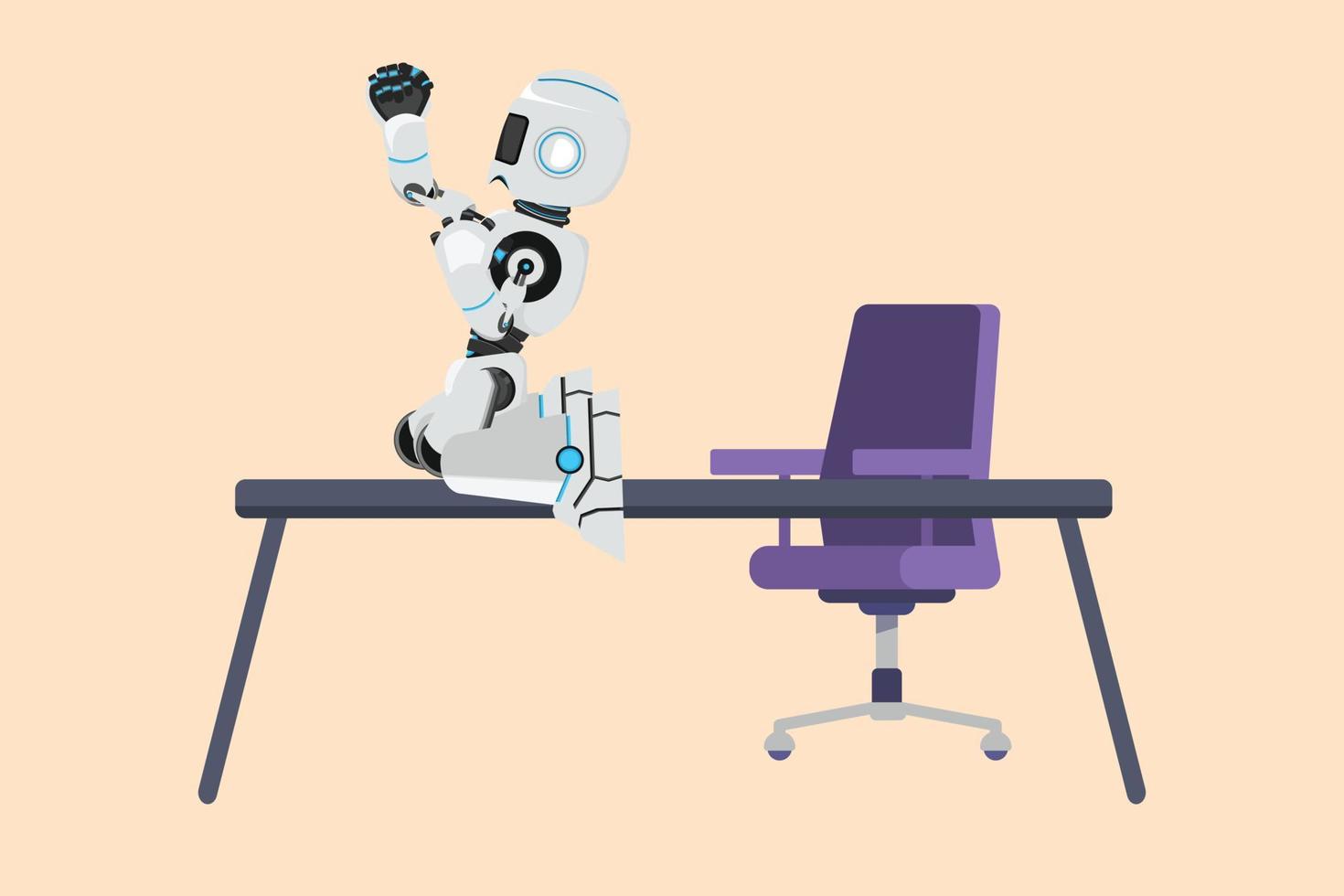 zakelijk ontwerp tekening gelukkige robot geknield met het vieren van doel pose op tafel bureau. toekomstige technologische ontwikkeling. kunstmatige intelligentie machine learning. platte cartoon stijl vectorillustratie vector