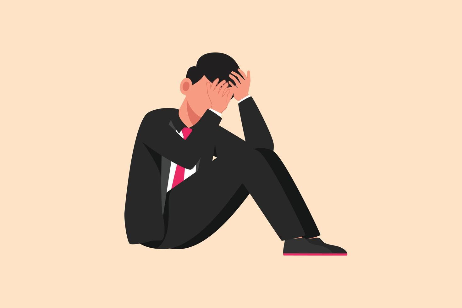 zakelijke ontwerptekening depressieve zakenman voelt zich verdrietig zittend op de vloer. gestresste kantoormedewerker die zijn baan verliest. financiële crisis. depressie mensen concept. platte cartoon stijl vectorillustratie vector