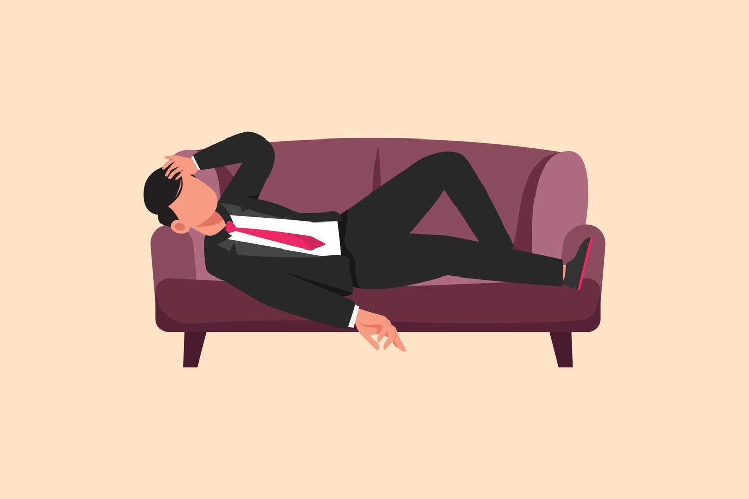business design tekening depressief zakenman verdrietig moe slaperig rusten op de bank. gefrustreerde werknemer met hoofd liggend op de bank. stress en angst om te falen. platte cartoon stijl vectorillustratie vector