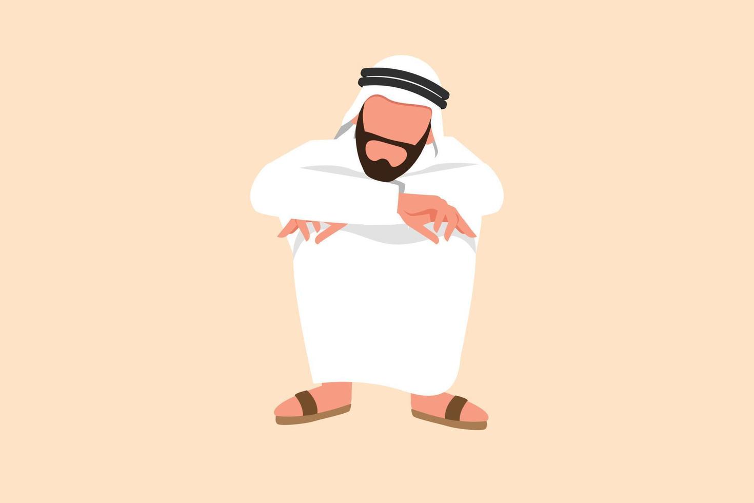 business design tekening depressief arabische zakenman verdriet melancholie stress zittend in wanhoop op de vloer. werknemer benadrukte het verliezen van baan als gevolg van de economische crisis. platte cartoon stijl vectorillustratie vector