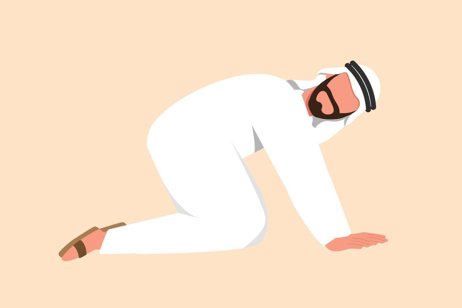 zakelijke platte cartoon stijl tekening depressieve Arabische zakenman kruipen in wanhoop op verdieping. gefrustreerde of gestresste kantoormedewerker die zijn baan verliest als gevolg van de economische crisis. grafisch ontwerp vectorillustratie vector