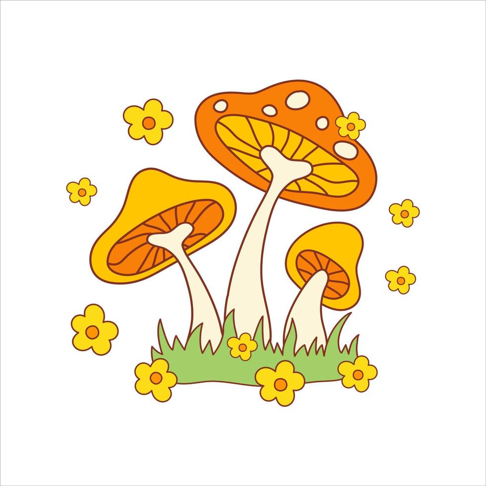 retro psychedelische hippie paddestoelen met groovy bloemen geïsoleerd op een witte achtergrond. vectorillustratie in stijl 70s, 80s vector