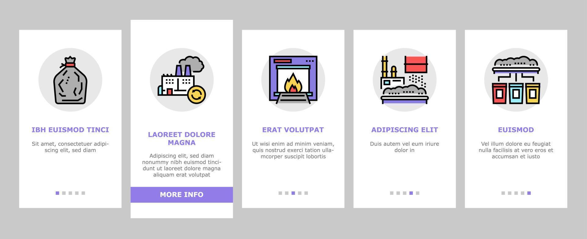 fabrieksafval afval onboarding pictogrammen instellen vector
