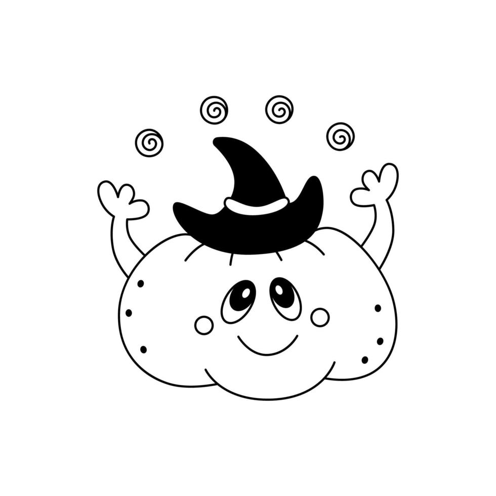 doodle schattige hallooween gelukkige pompoen met heksenhoed op hoofd kinderachtig feestelijk schattig halloween ontwerpelement overzicht vector