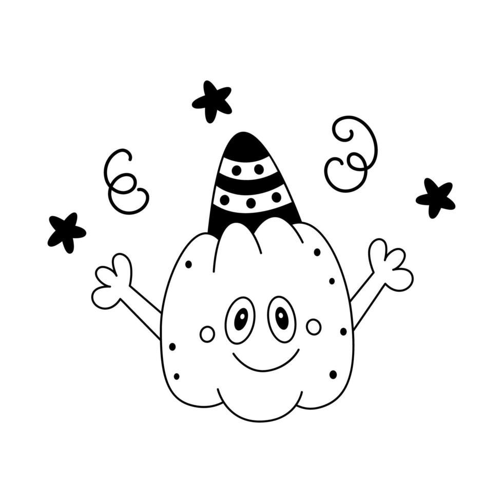 doodle schattige lachende pompoen met feestelijke dop op het hoofd en sterren kinderachtig gelukkig halloween ontwerpelement overzicht vector