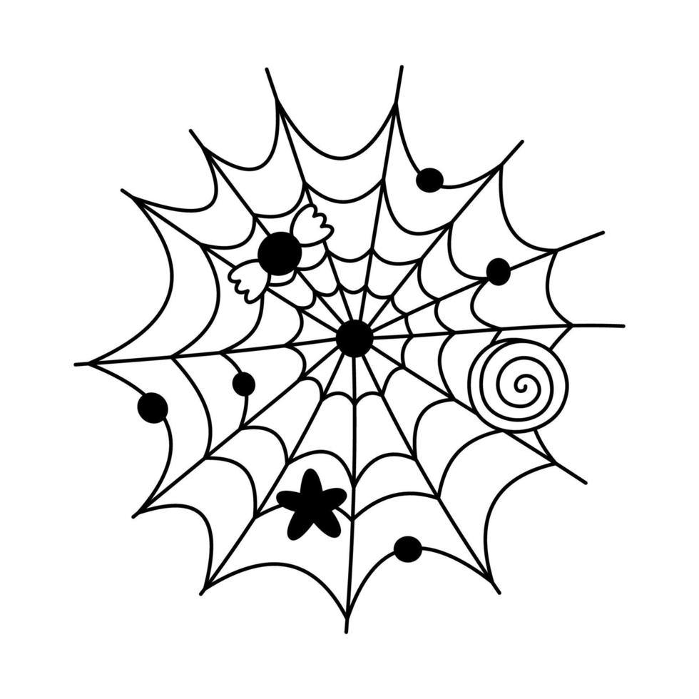 doodle halloween spinnenweb met snoep kinderachtig spinnenweb met snoep trick or treat schets schets vector