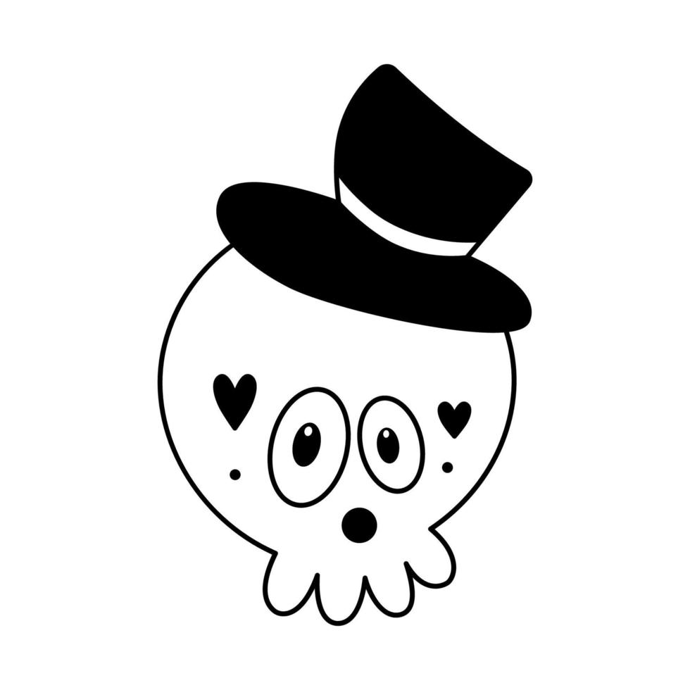 doodle gestileerde cartoon schedel met goochelaar hoed kinderachtig schattig halloween ontwerpelement schets schets vector