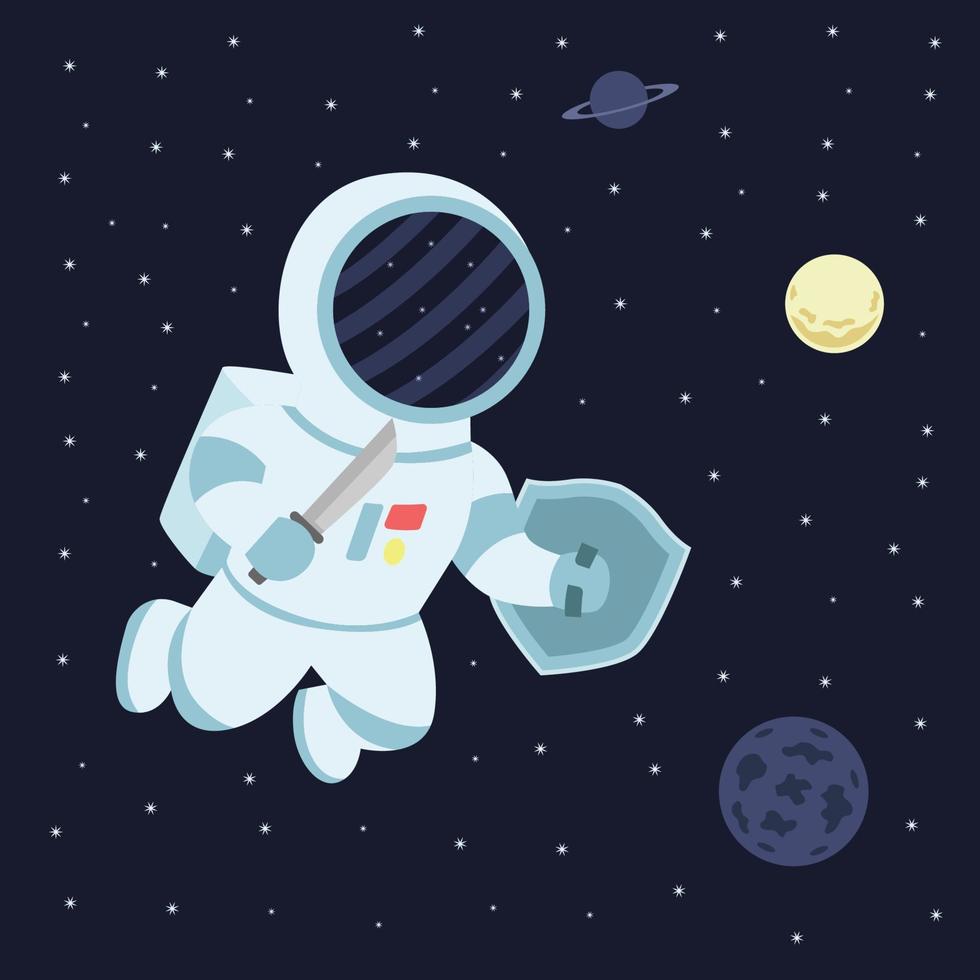 een cartoonastronaut die een zwaard en een schild in de lucht draagt vectorillustratie vector