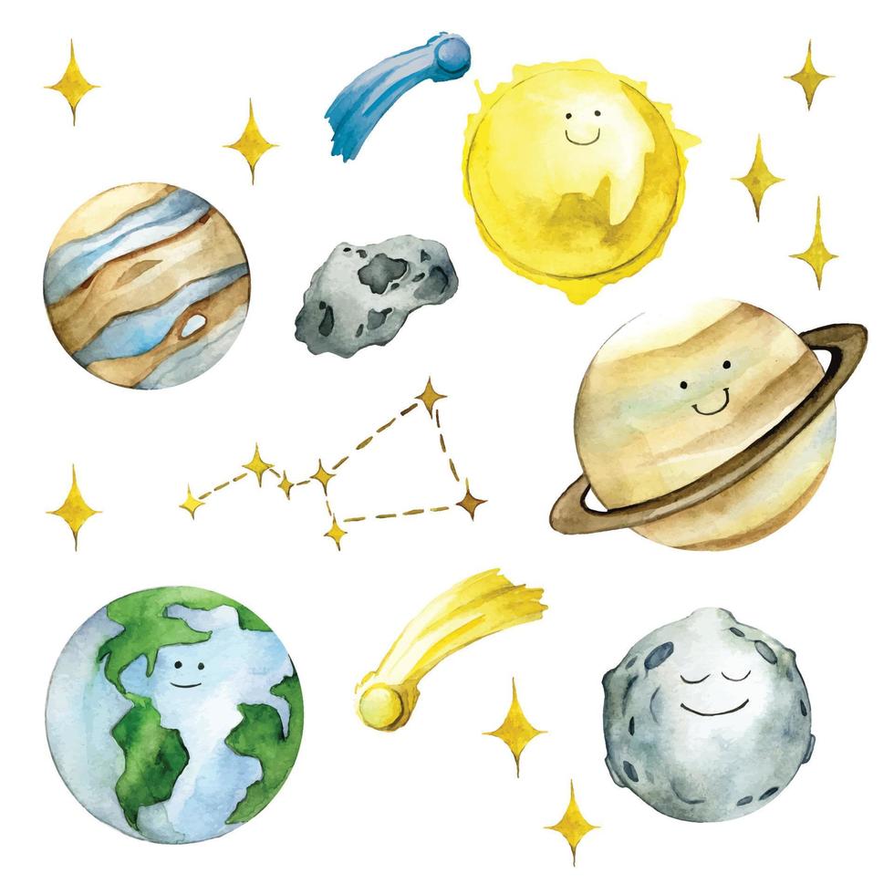 aquarel set, verzameling ruimte-elementen. schattige lachende planeten aarde, jupiter, maan, zon. asteroïden, sterren en sterrenbeelden geïsoleerd op een witte achtergrond. illustraties voor kinderen. vector