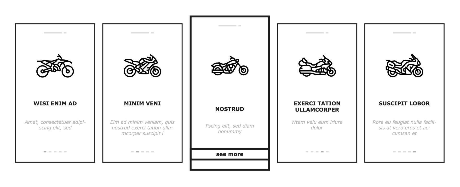 motorfiets fiets vervoer typen onboarding pictogrammen instellen vector