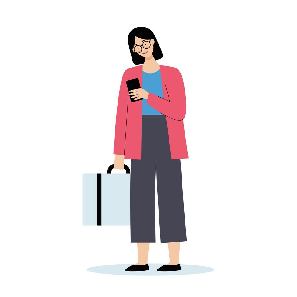 jonge vrouw met bagage op de luchthaven. reizen, vakantie concept. vectorillustratie in vlakke stijl geïsoleerd op een witte achtergrond. vector