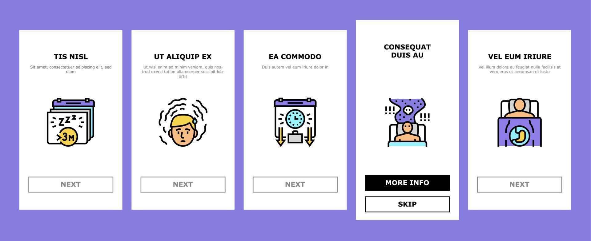 slapeloosheid persoon chronisch probleem onboarding pictogrammen instellen vector