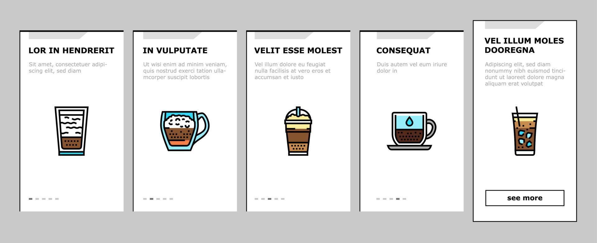 koffie soorten energie ochtenddrank onboarding pictogrammen instellen vector