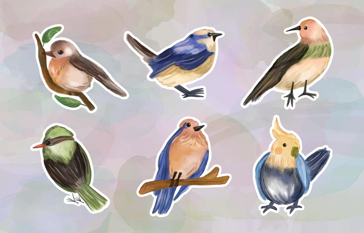 handgetekende vogels aquarel sticker set voor dagboek vector