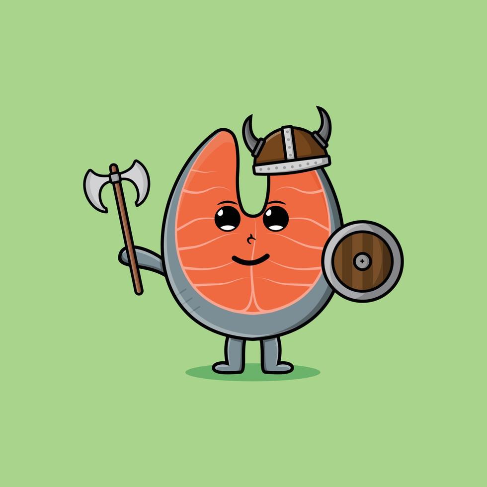 schattige cartoon verse zalm viking piraat houd bijl vector