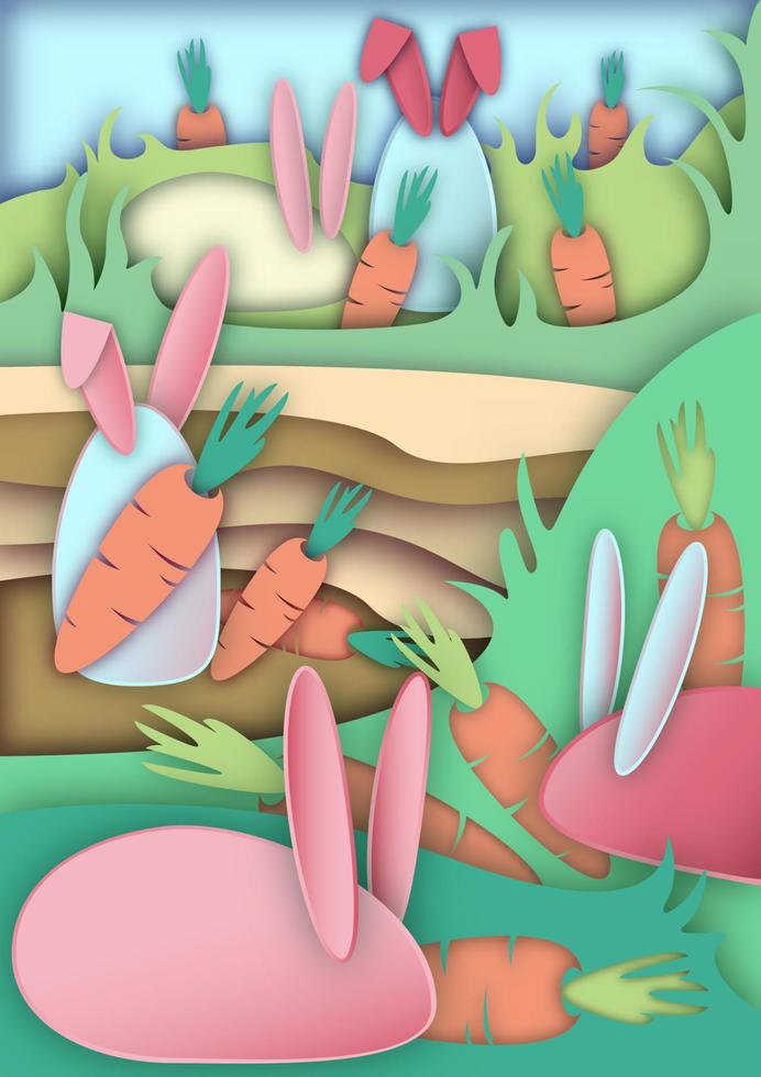 papercut achtergrond de konijnenfamilie en wortel vector eps10 illustratie 011