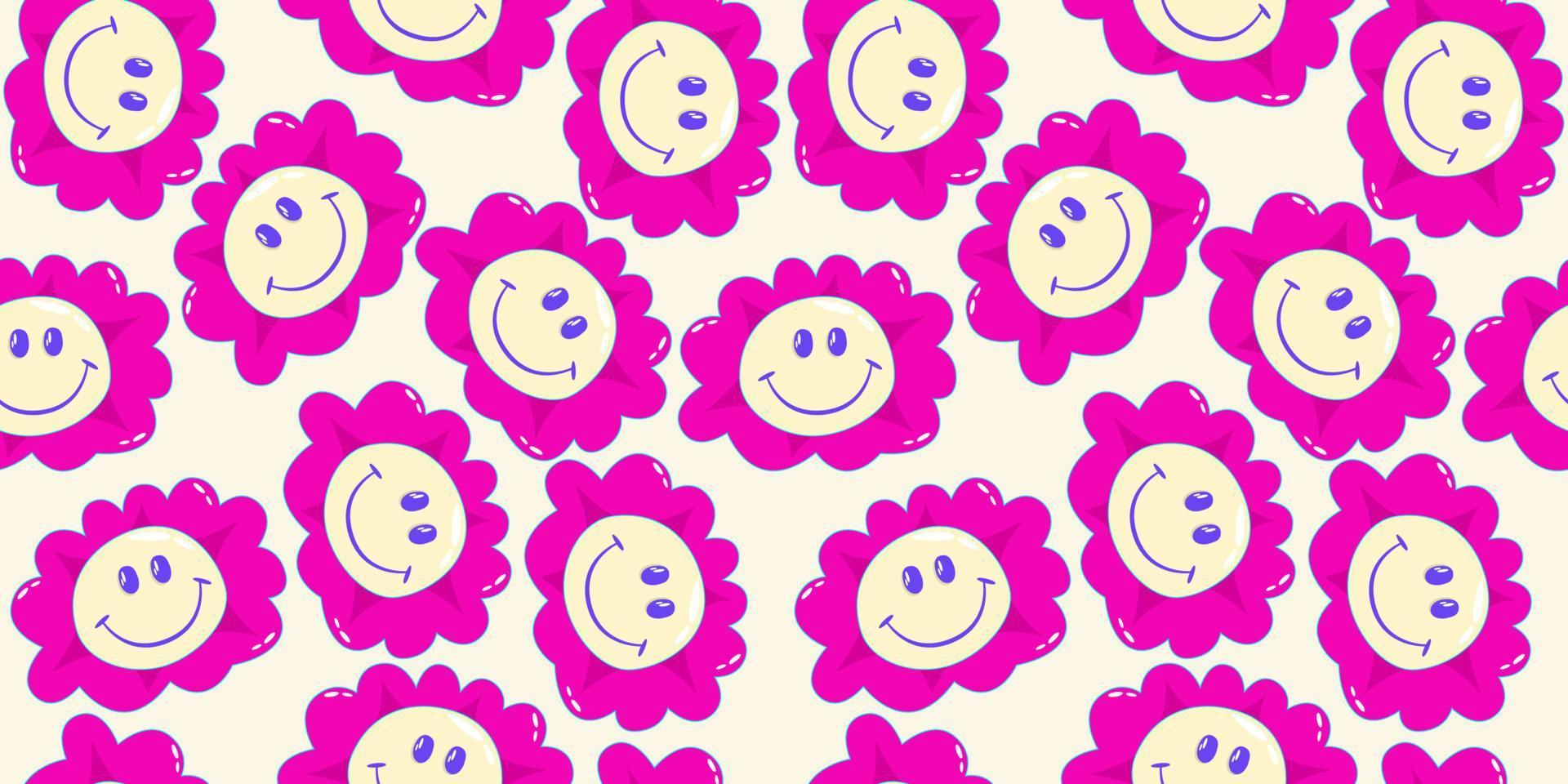 trippy psychedelisch esthetisch y2k naadloos patroon. trippy glimlach retro pop grappige stripfiguur. smiley blij gezicht. psychedelische afdrukken. madeliefje bloem roze. vector