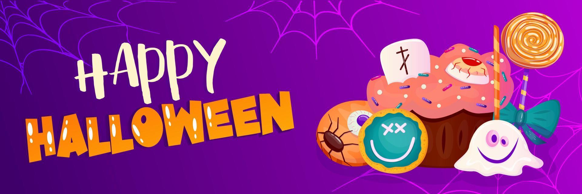 happy halloween sjabloon banner achtergrond met spinnenweb en snoep, cake. cartoon vectorillustratie. donkere paarse achtergrond. fijne Halloween. vector ontwerp