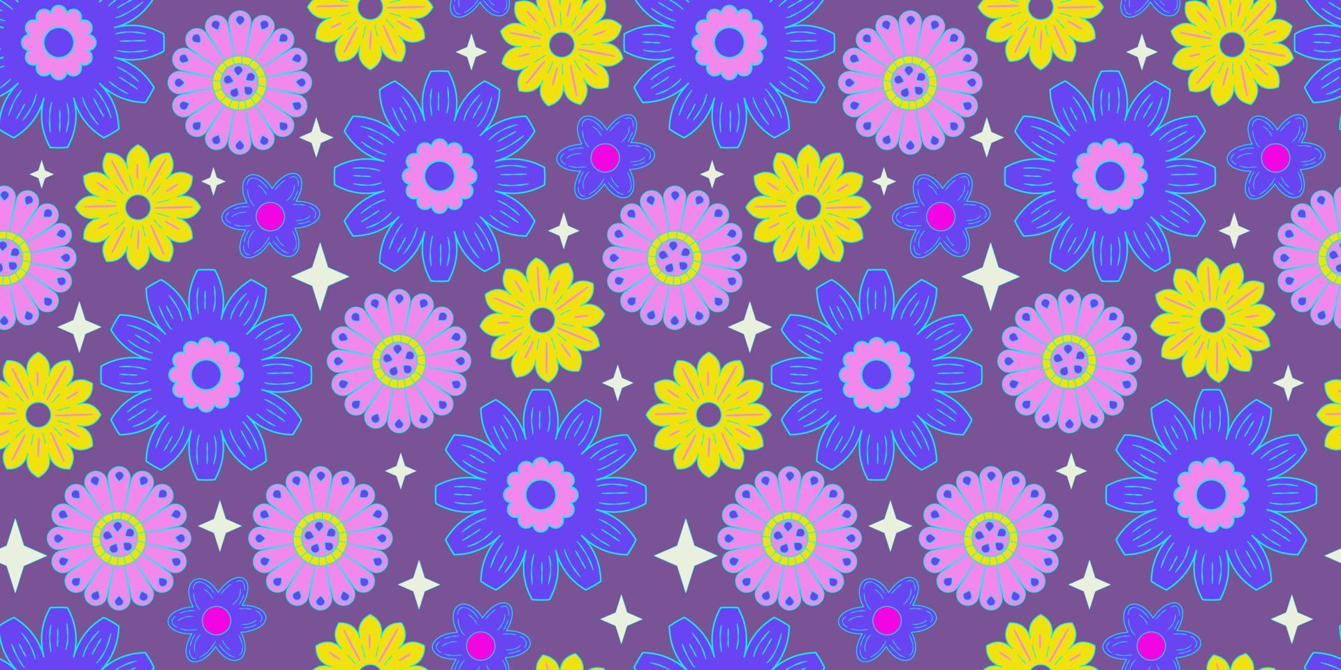 flower power retro jaren 90 naadloos patroon met madeliefje voor behangontwerp. psychedelische afdrukken. flowerpower. trendy pop-art retro bloemmotief. helder naadloos ontwerp vector