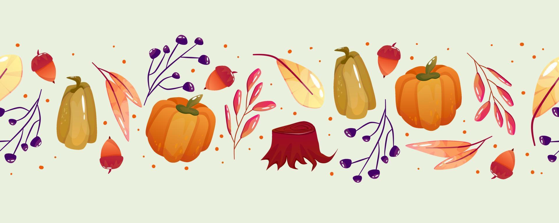 naadloze grens herfst herfst. Thanksgiving feestdag. vector naadloos patroon. helder herfstontwerp met blad, eikel en pompoen.