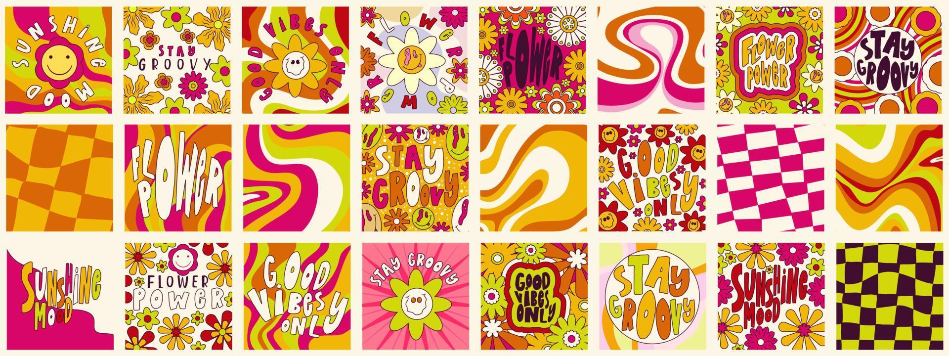 madeliefjebloemen, trippy groovy poster set voor print ontwerp offerte. psychedelische hippie groovy print. sjabloon poster vectorillustratie. abstract vectorpatroon. golvende werveling, dambord, strakke kleur vector