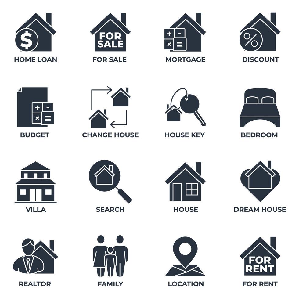 set van onroerend goed pictogram logo vectorillustratie. huis pack symbool sjabloon. huis, familie, droomhuis, makelaar en meer voor grafische en webdesigncollectie vector