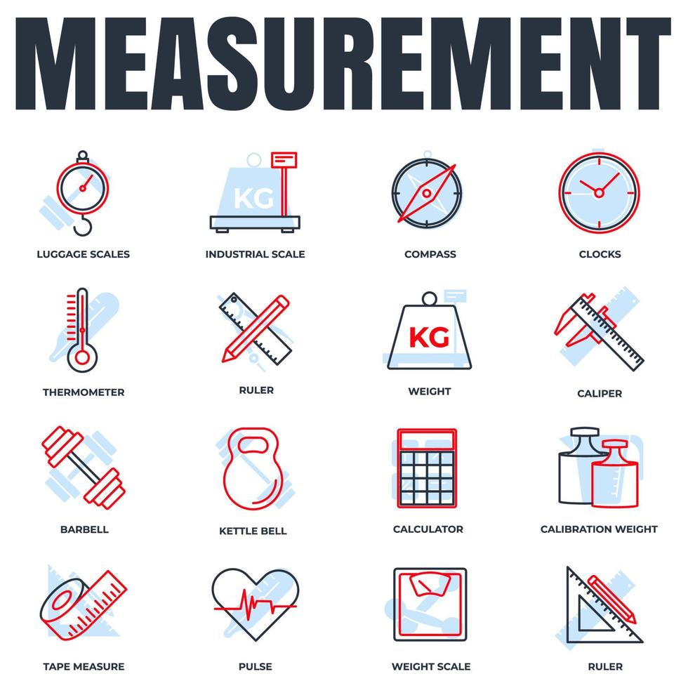set van meten pictogram logo vectorillustratie. maat, maatpaksymbool. waterkoker bell, liniaal, weegschaal en meer sjabloon voor grafische en webdesigncollectie vector