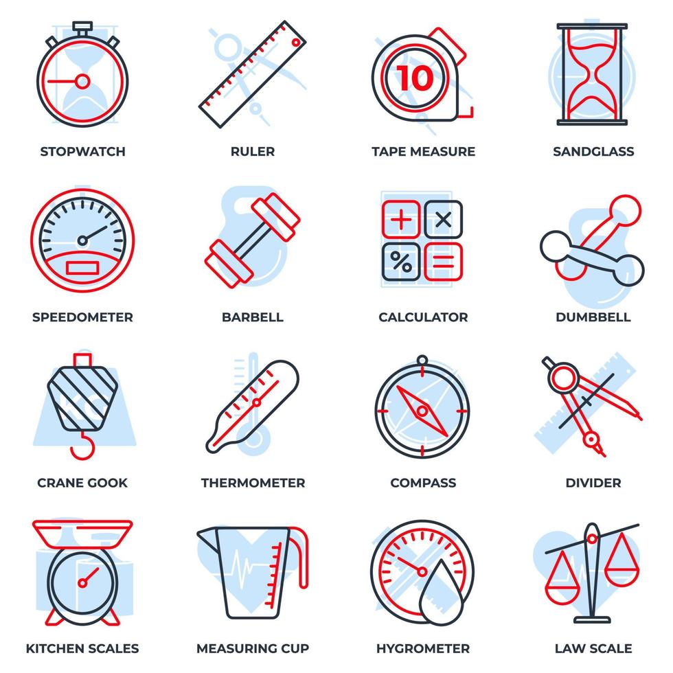 set van meten pictogram logo vectorillustratie. maat, maatpaksymbool. zandglas, snelheidsmeter, barbell, rekenmachine en meer sjabloon voor grafische en webdesigncollectie vector