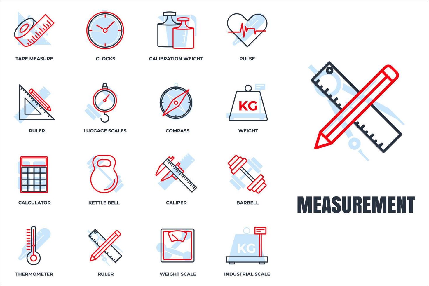 set van meten pictogram logo vectorillustratie. maat, maatpaksymbool. waterkoker bell, liniaal, weegschaal en meer sjabloon voor grafische en webdesigncollectie vector