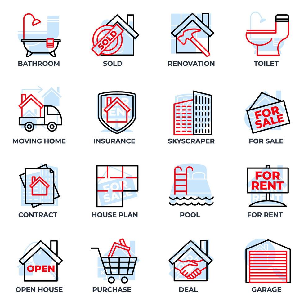 set van onroerend goed pictogram logo vectorillustratie. huis pack symbool sjabloon. zwembad, contract, deal, te huur, renovatie en meer voor grafische en webdesigncollectie vector