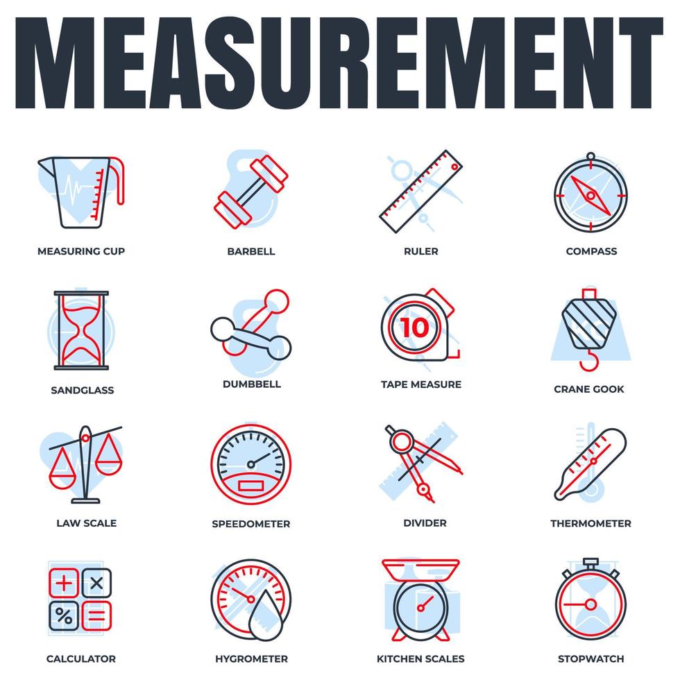 set van meten pictogram logo vectorillustratie. maat, maatpaksymbool. zandglas, snelheidsmeter, barbell, rekenmachine en meer sjabloon voor grafische en webdesigncollectie vector