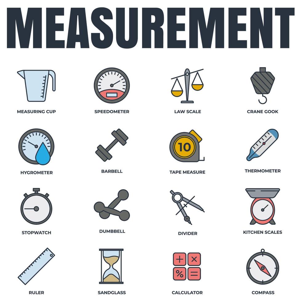 set van meten pictogram logo vectorillustratie. maat, maatpaksymbool. zandglas, snelheidsmeter, barbell, rekenmachine en meer sjabloon voor grafische en webdesigncollectie vector