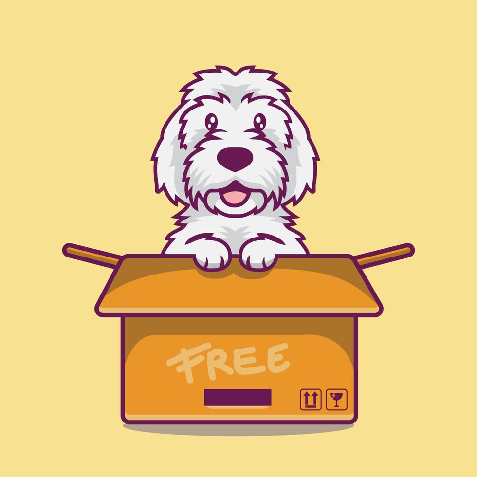 schattige hond in doos cartoon premium vector