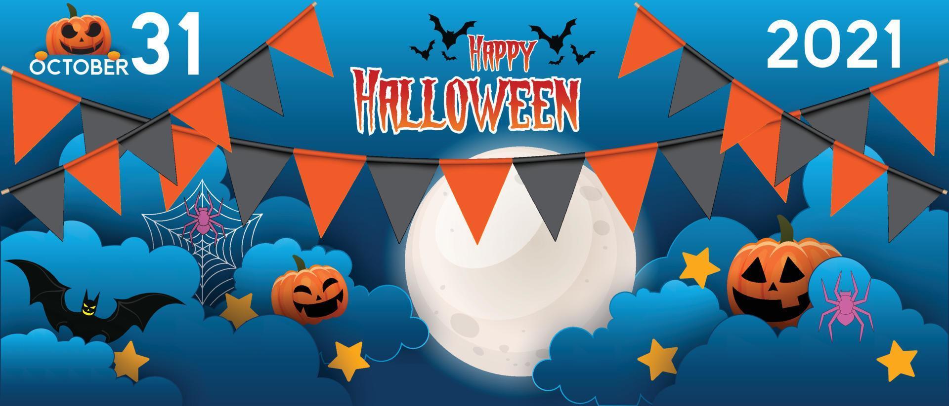 happy halloween banner of party uitnodiging achtergrond met nacht wolken en pompoenen stijl. vectorillustratie. volle maan aan de hemel vector