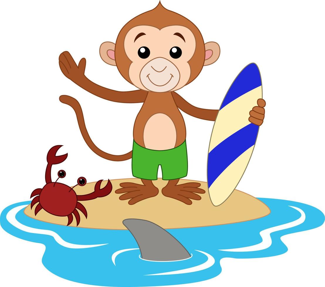 schattige baby aap met surfplank vector