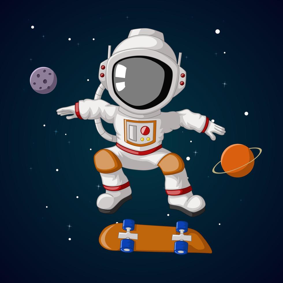 schattige astronaut skateboarden cartoon in de ruimte vector