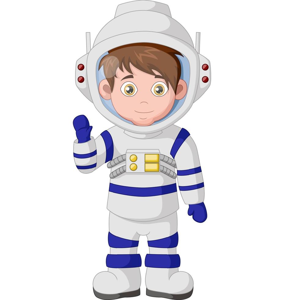 schattige jongen astronaut cartoon in een ruimtepak vector