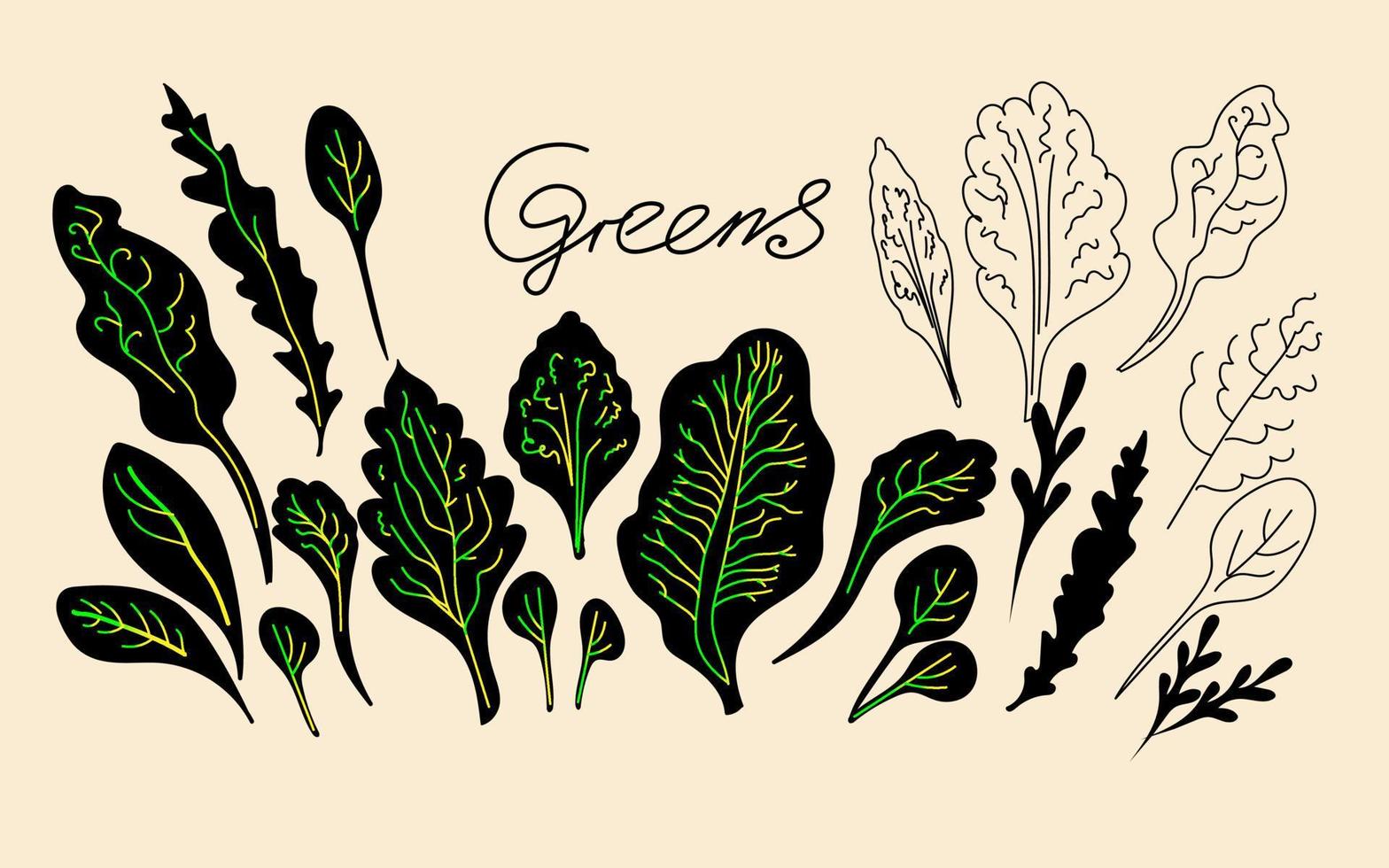 Groenen, bladeren silhouetten hand getrokken doodle schets vectorillustraties. moderne stijlelementen voor menuontwerp. vector