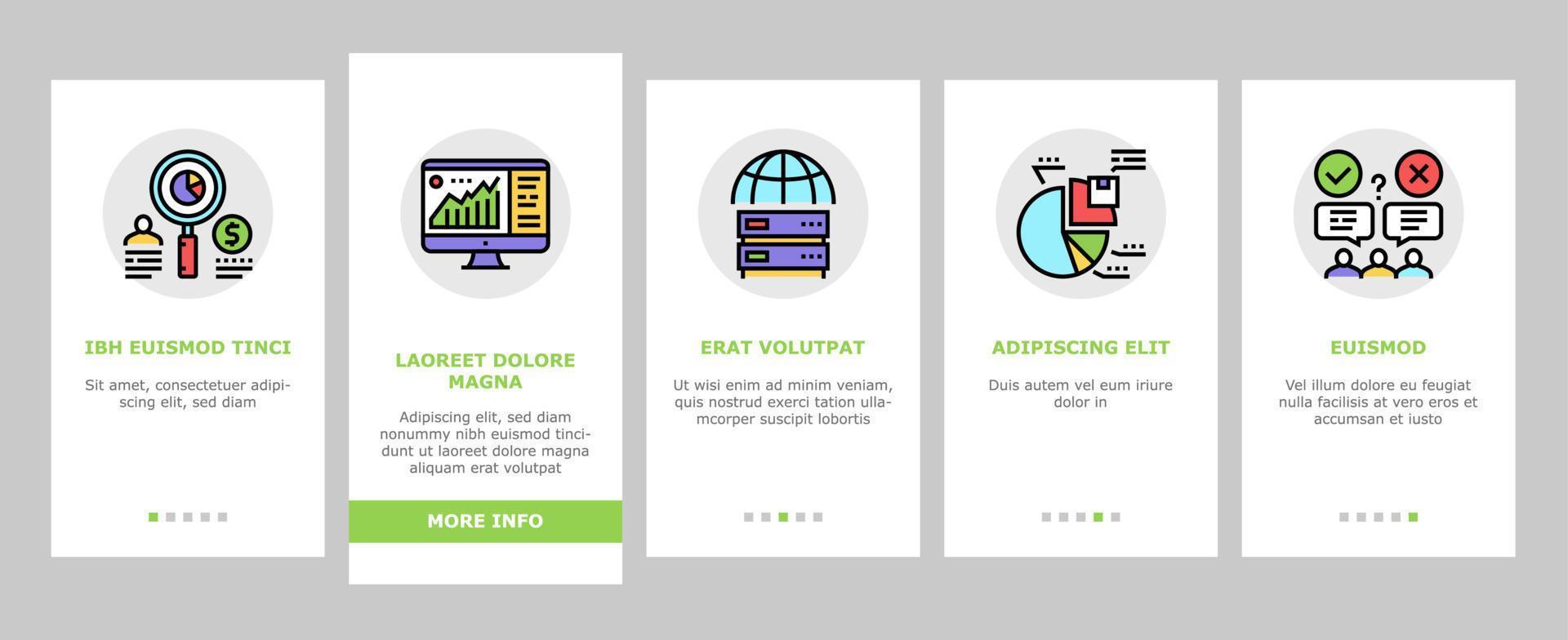 marktonderzoek en analyse onboarding pictogrammen instellen vector