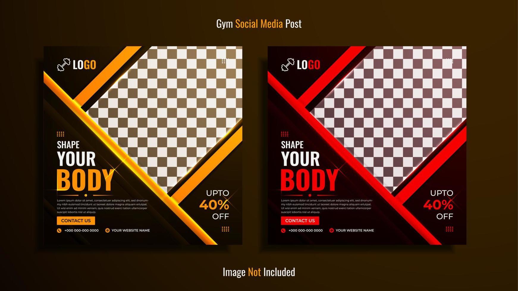 gym en fitness social media post design pack met gele en rode kleurvormen op een donkere achtergrond. vector